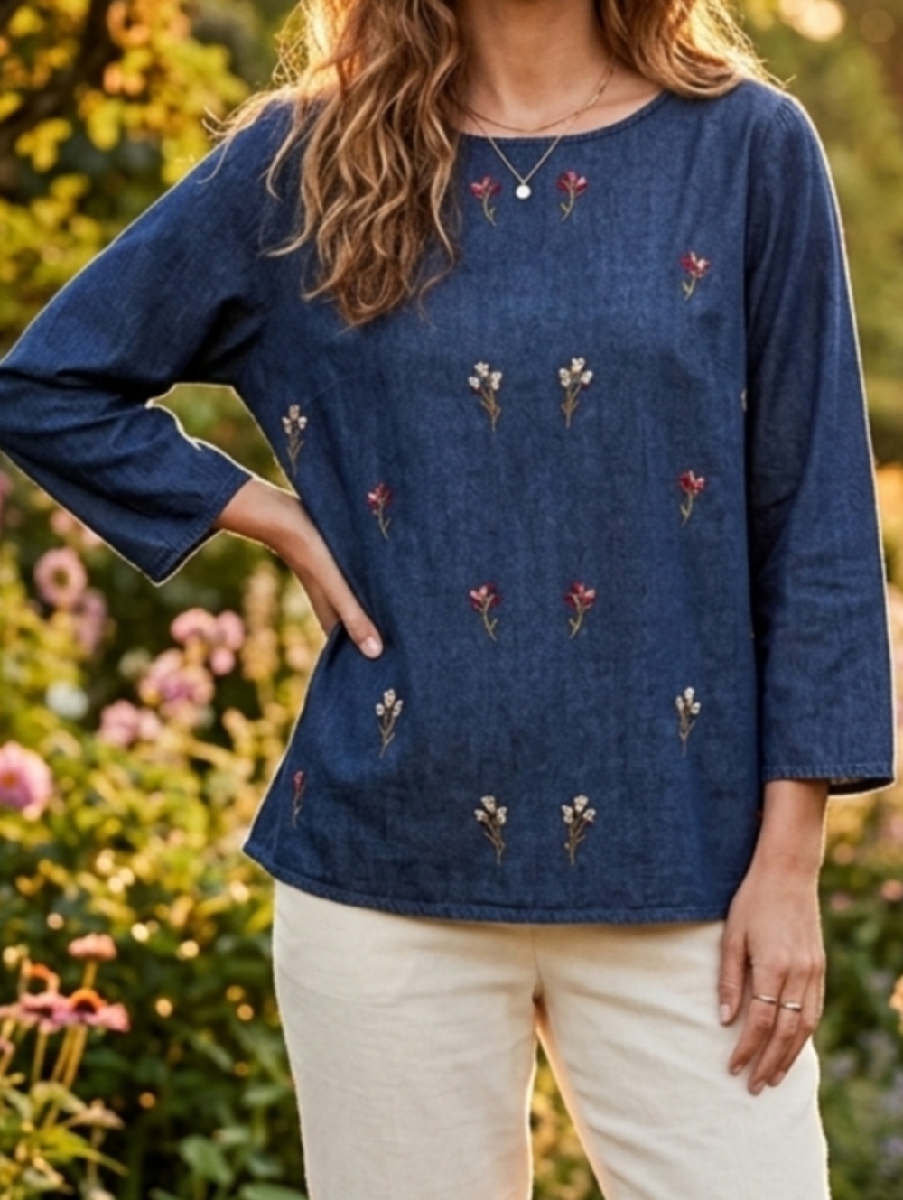 Country Store Floral Embroidered Jean Top Denim Blouse Cottagecore Tradwife